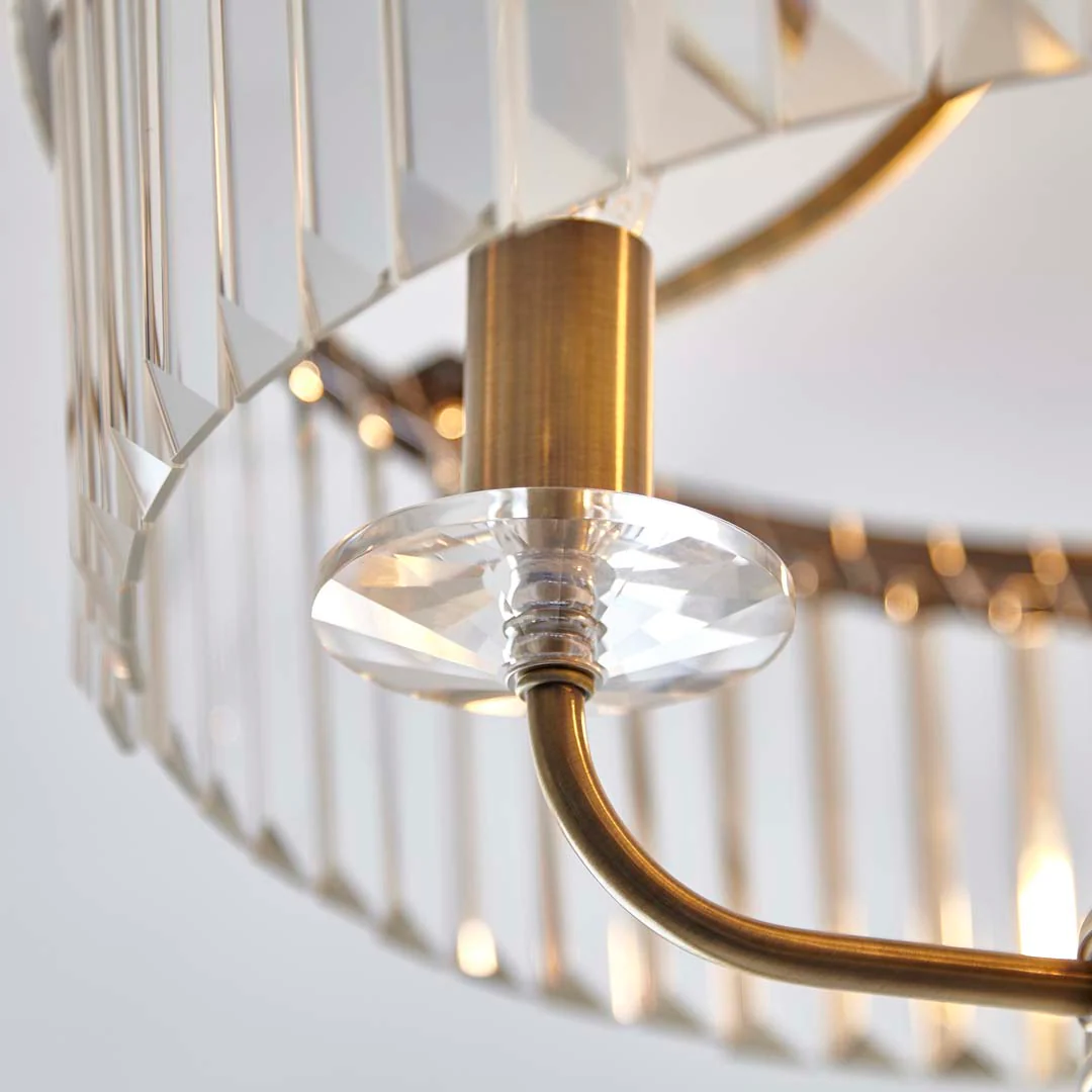 Elean 3 Light Antique Brass Glass Semi Flush Ceiling Light - Image 4
