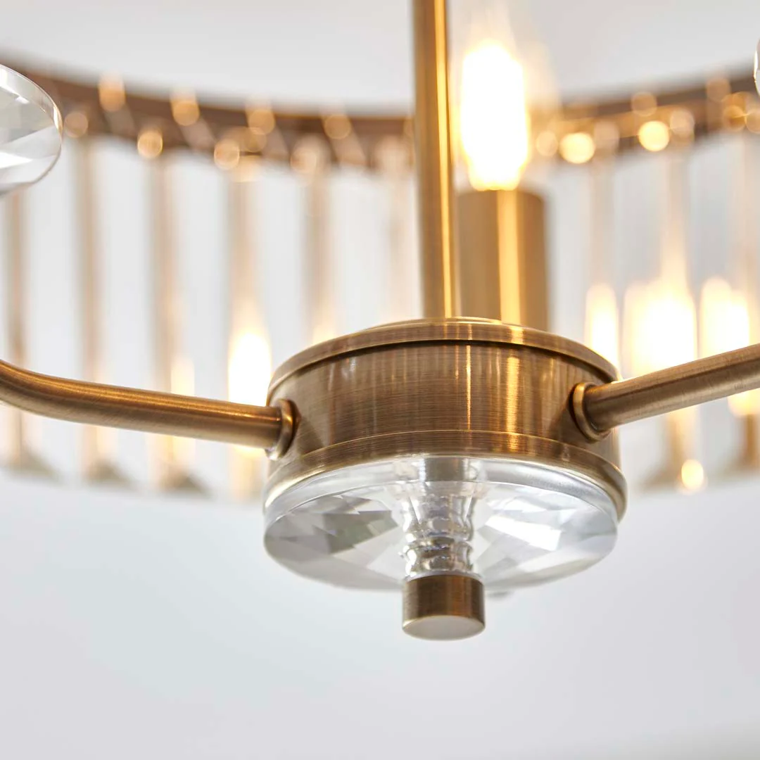 Elean 3 Light Antique Brass Glass Semi Flush Ceiling Light - Image 5